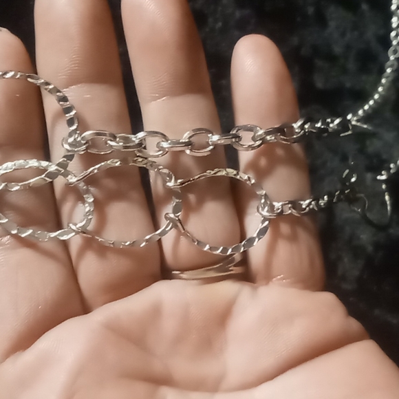 Unique stacked linked Circle long chain hammered silver. 34 inches - Picture 5 of 7